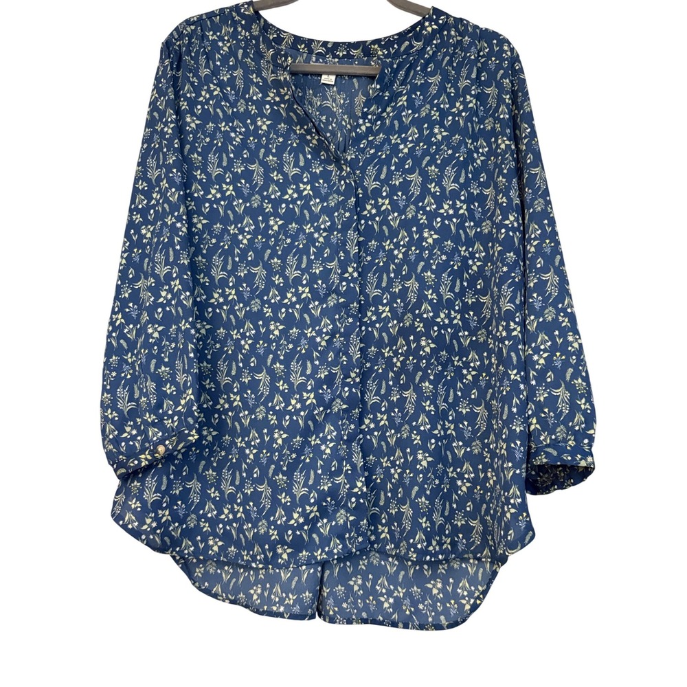 Jachs Girlfriend Blue Floral Split Neck Button Front Blouse Large 1758413